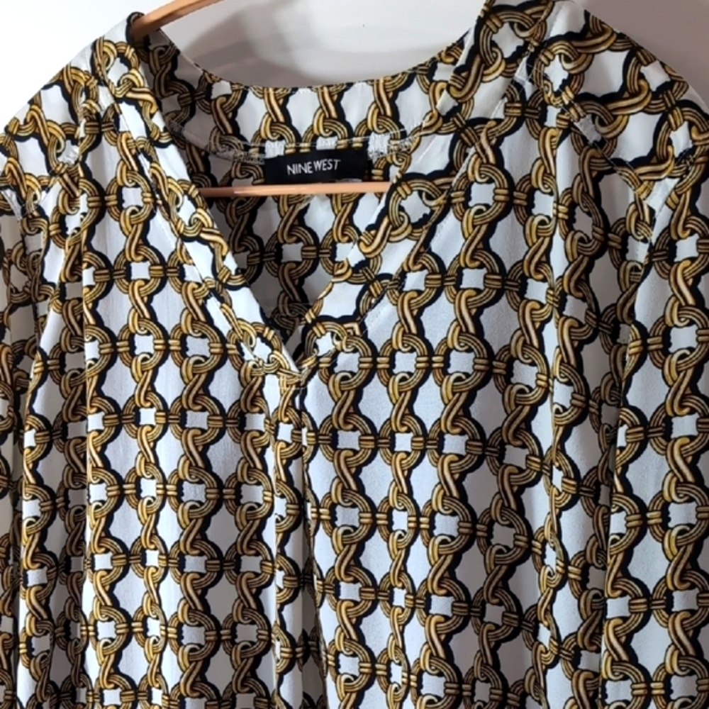 Nine West | White Gold Equestrian Chain Pattern V-Neck Long Sleeve Top Size S